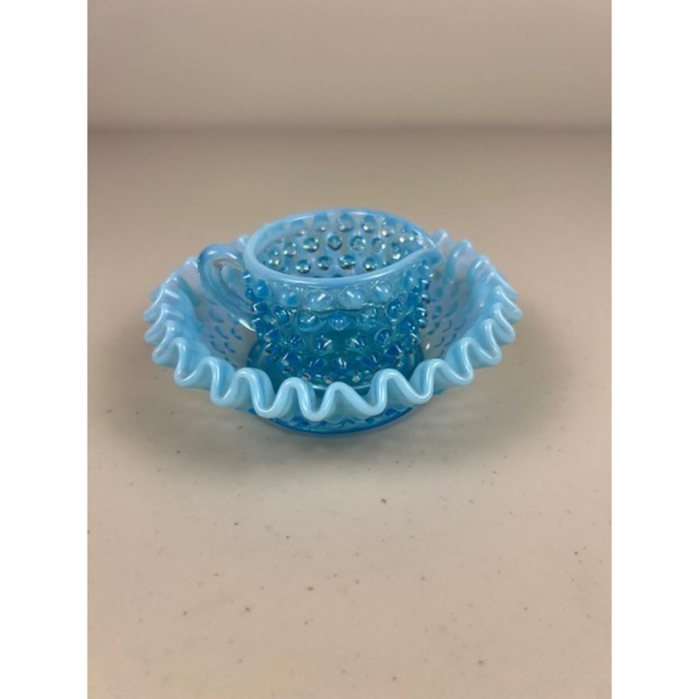Fenton Blue Opalescent‎ Hobnail Miniature Creamer and Ruffled Bowl Set of 2